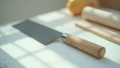 A sharp chef knife with a wooden handle lying on a surface