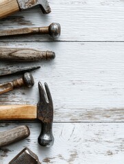 Aufkleber - Collection of Assorted Hammers and Nails on Textured Wood With a Clean White Margin for DIY or Construction Projects