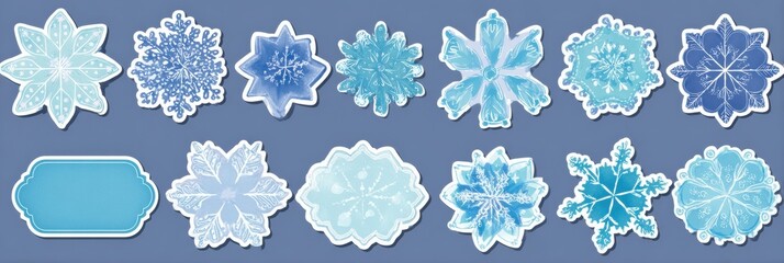 Leinwandbilder - Charming Holiday Stickers Featuring Delicate Snowflakes Set Against a Cool Blue Background for Seasonal Crafts and Decorations