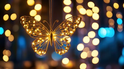 Poster - Illuminated Golden Butterfly Ornament Hanging Against a Defocused Background of Warm and Cool Lights