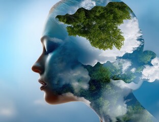 Aufkleber - Woman's Profile Merged With Nature Scene, Symbolizing Environmental Awareness and Mental Wellbeing, Ideal for Sustainability Campaigns : Generative AI