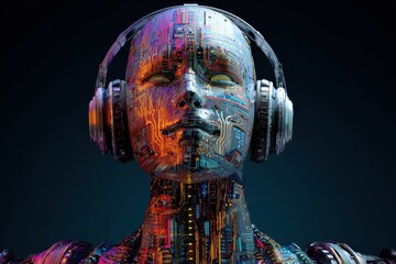 Fototapete - Futuristic Cyborg Listening to Music With Headphones, Exploring Artificial Intelligence and Digital Transformation in Technology : Generative AI
