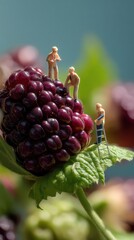 Leinwandbilder - Miniature Workers Harvesting a Giant Blackberry, Representing Teamwork and Precision in Food Production and Agricultural Innovation : Generative AI