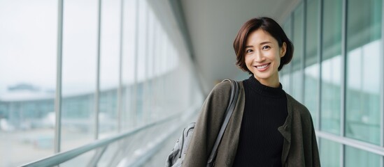 Aufkleber - Smiling Asian Woman Walking Through Airport Terminal, Representing Business Travel and International Connection, Ready for a New Opportunity : Generative AI