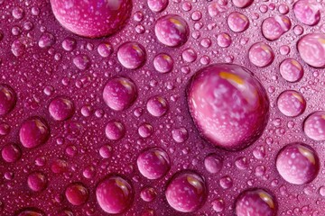 Wall Mural - Close-up of numerous water droplets of varying sizes on a magenta surface, reflecting light and creating a textured pattern