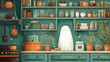 © Robert - A tiny Halloween-themed kitchen with a friendly ghost baking, cozy whimsical cute