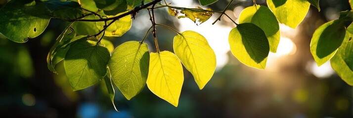 Poster - Bodhi Tree Leaves Glow Brightly as Sunrise Illuminates the Upper Canopy Creating a Serene Morning Atmosphere