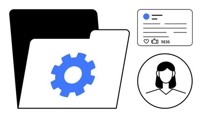 Poster - Folder icon with gear symbol representing settings, user profile card, and avatar image. Ideal for data management, profile updates, cybersecurity, organization, user interface, online platforms