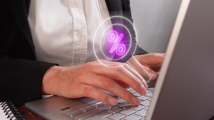 Poster - Businesswoman working on laptop with virtual icon of magnifying glass with percentage sign