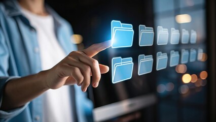 Poster - A person interacts with digital folders on a touchscreen interface in a modern workspace.