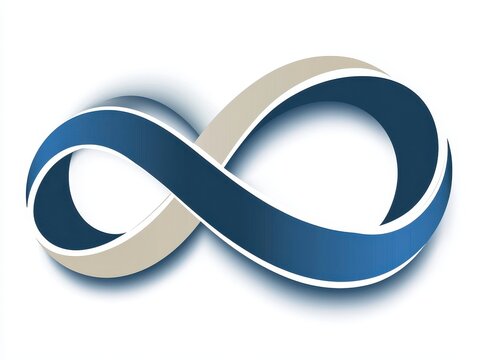 A stylized, three-dimensional infinity symbol rendered in shades of blue and beige, featuring a subtle drop shadow against a white background