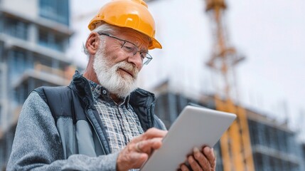 Poster - elderly architect reviewing building models on tablet at construction site