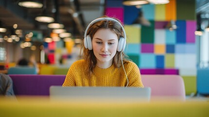 Poster - Young Woman with Headphones Working on Laptop in Colorful Workspace