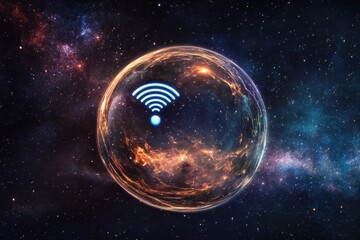 Poster - WiFi extender floating in a cosmic bubble against a vibrant galaxy backdrop, WiFi extender in bubble, floating in space, galaxy background