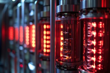 Poster - Reactor system featuring illuminated cooling gas elements in a vibrant red light display, Reactor System With Cooling Gas In Red Light