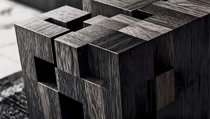 Poster - Abstract architectural composition featuring interlocking wooden blocks with a modern artistic aesthetic in varying shades of gray and black