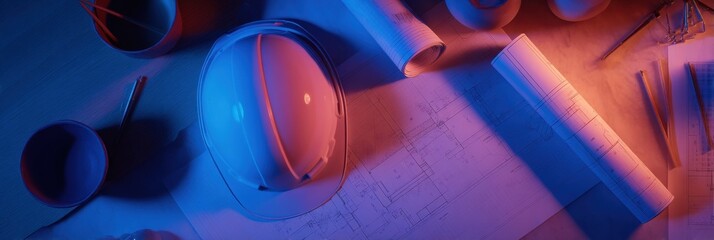 Poster - Blueprints and Safety Helmet Laid out With Overhead Lighting in a Workspace, Featuring Tools for Construction Planning and Design