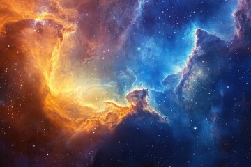 Poster - Mesmerizing intergalactic nebula showcasing radiant blue and vibrant orange hues in the vast cosmos, Mesmerizing intergalactic nebula with radiant blue and orange tones Space concept
