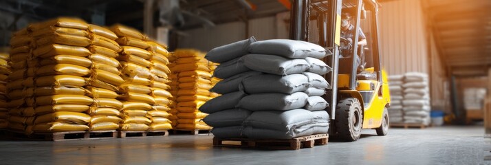 Poster - Pallet Jack Transporting Cement Bags in a Warehouse With Clean Right Margin on a Bright Day