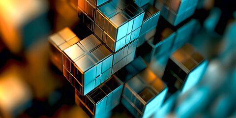 Fototapete - Abstract metallic cube structures with blue and orange tones illustrating futuristic concepts of technology and digital connections