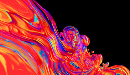 Aufkleber - Abstract artistic digital illustration featuring vibrant swirling liquid forms with a rich color palette of reds oranges blues and purples set against a solid black background.
