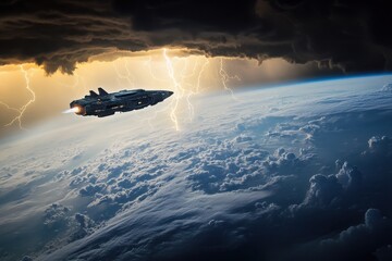 Poster - Spaceship navigating through lightning storm over Earth at the edge of the atmosphere, Spaceship Orbiting Earth In Lightning Storm