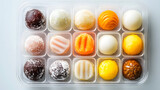 Assortment of colorful Thai sweets in plastic tray, showcasing variety of textures and flavors