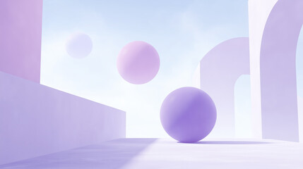 Poster - Abstract 3D illustration featuring floating spheres in pastel colors, surrounded by geometric shapes and soft clouds, creating a serene and modern atmosphere with copy space