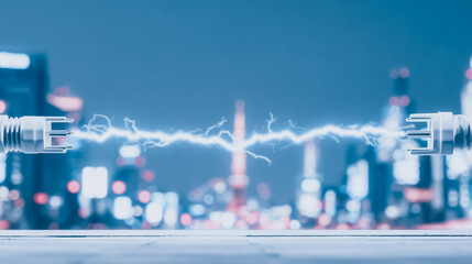 Poster - Electric Bolt: A captivating digital artwork displaying a vibrant lightning strike, vividly illuminating the convergence of two cables against a backdrop of a modern cityscape at dusk.