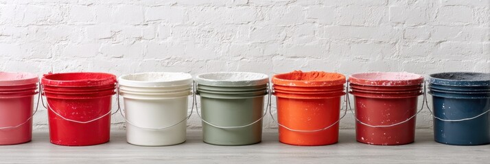 Poster - Colorful Plastic Buckets Filled With Mortar Additives Arranged Against Soft White Backdrop for Construction and Renovation Projects