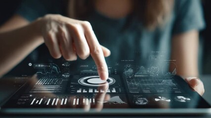 Poster - Digital Interaction: An individual's finger precisely navigates the intuitive interface of a modern tablet, revealing a vibrant network of data and connections.