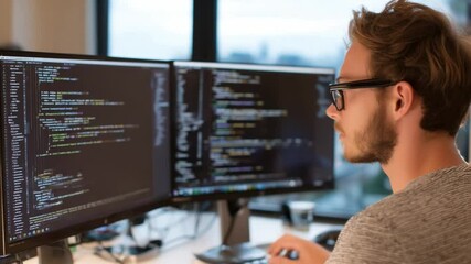 Poster - Code Whisperer: A focused programmer immersed in a world of code, his eyes intently following the language. Dual monitors showcase complex strings of code.