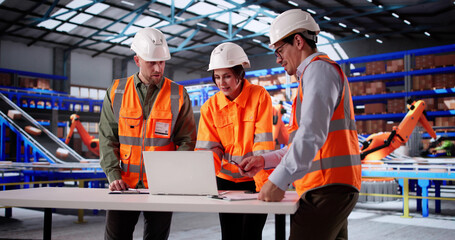 Poster - Inspecting Warehouse Automation With OSHA Guidelines On Engineers' Laptops