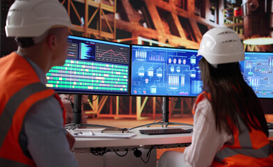 Fototapete - Team Of Young Workers Using Scada System