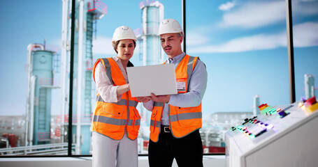 Poster - Female Chemist Inspects Pipes At Oil Refinery