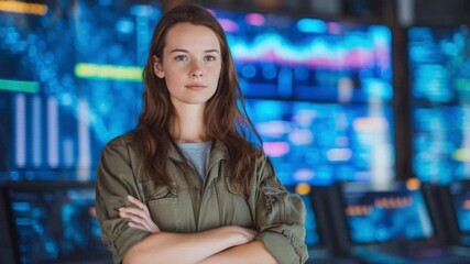 Poster - Focused Professional in Technology Hub: A determined woman stands confidently, arms crossed, against a backdrop of illuminated screens displaying data.