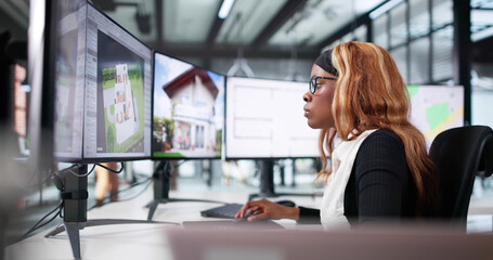 Poster - African-American Woman Uses Interior Design Software