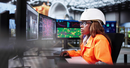 Fototapete - Female Engineer Developing Satellite Model