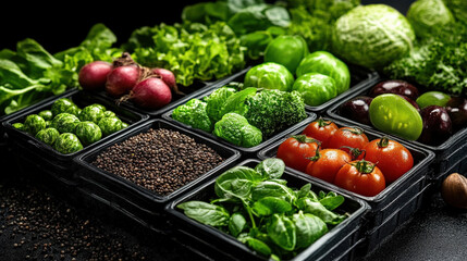 Poster - Vibrant assortment of fresh vegetables including tomatoes, lettuce, and radishes is neatly arranged black containers, showcasing variety of greens and legumes. display highlights abundance
