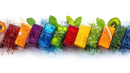 Poster - Colorful fruit cubes arranged in vibrant rainbow pattern, each cube featuring different fruit and garnished with fresh mint leaves. background is clean white, enhancing vivid colors