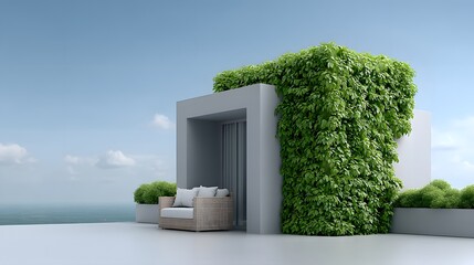 Poster - futuristic minimalist rooftop garden, urban sustainability, advanced hydroponic systems, biophilic design, sleek modern seating, peaceful green escape, high-tech irrigation, ambient futuristic