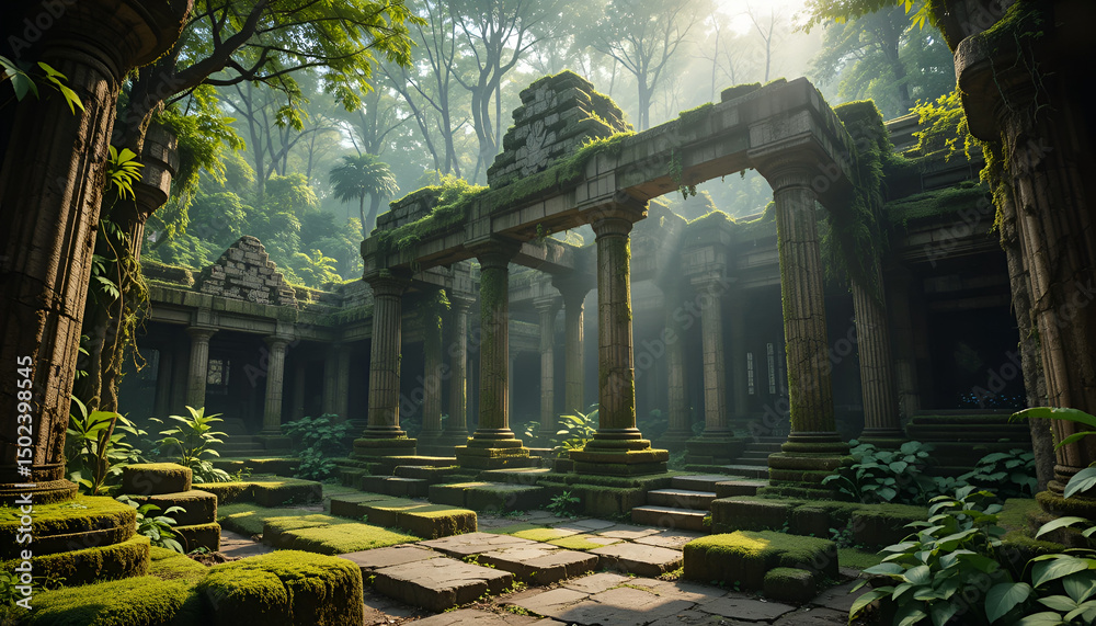 Ancient Temple Ruins in Jungle Moss-covered stone ruins, cracked ...