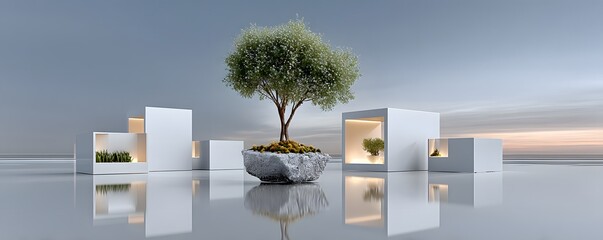 Poster - futuristic minimalist floating garden, clean and structured biophilic design, ultra-modern architecture, soft ambient glow, AI-integrated nature, peaceful and serene futuristic concept, high-end