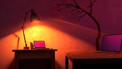 Poster - Illuminated room interior with a cherry blossom tree.