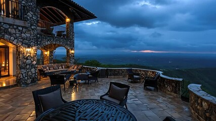 Poster - Luxurious outdoor patio with mountain view at dusk.