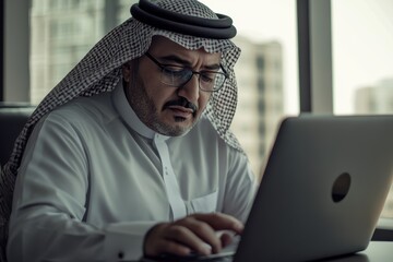 Poster - Serious Arabian man working diligently at a modern office desk during the day, A serious arabian man wearing glasses is working typing on his laptop sitting in the office