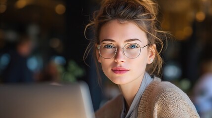 Poster - Young Businesswoman with Glasses Working on Laptop in Cafe Setting