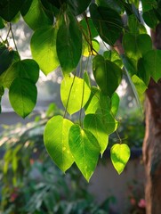 Poster - Bodhi Tree Leaves Illuminated by Sunrise, Revealing Vibrant Greens and Intricate Shapes