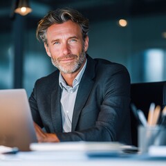 Poster - Mature European CEO Working on Laptop at Clean Desk