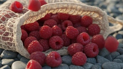 A close up of fresh raspberries spilling from a net bag onto smooth gray stones in the sunlight
